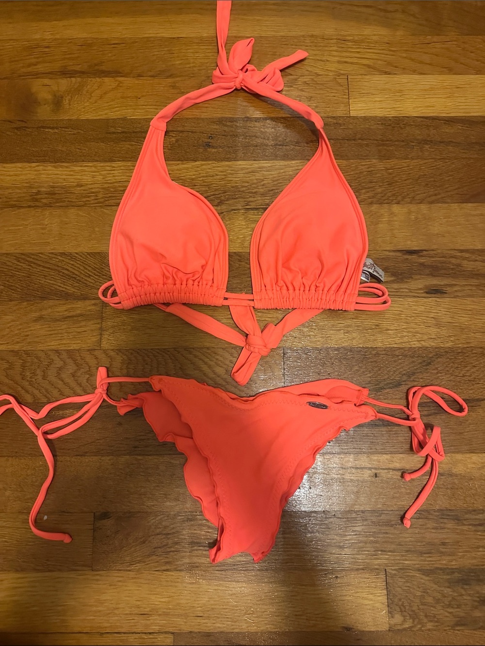Luli Fama Neon Coral Ruffle-Edge Tie Bikini SET - Picture 3 of 12
